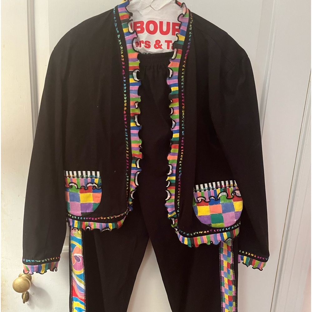 Black pant suit with rainbow trim